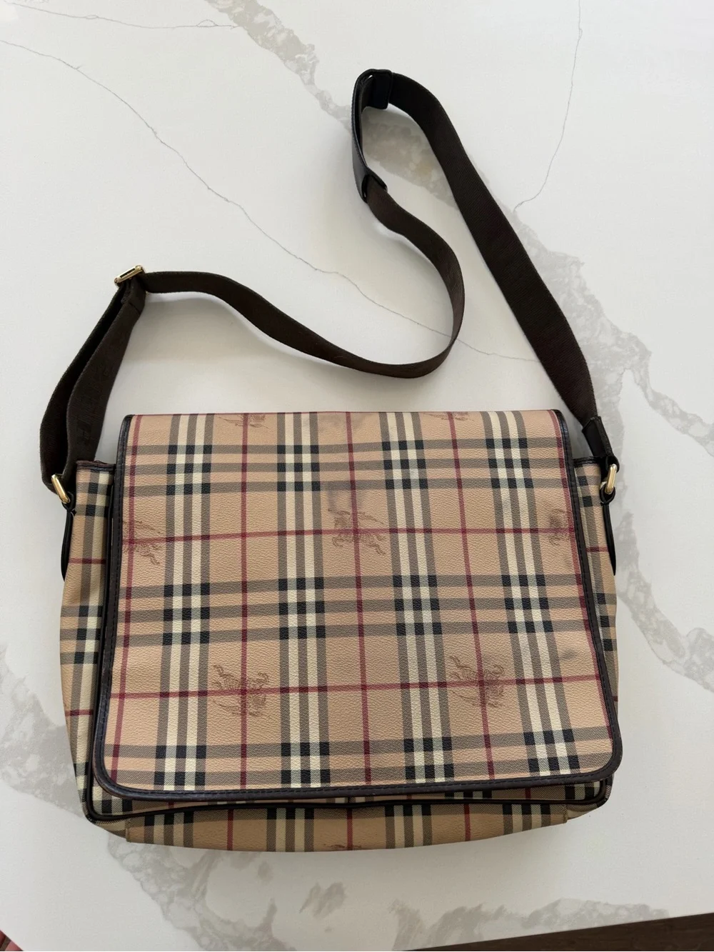Burberry Haymarket Check Coated Canvas Messenger Bag.